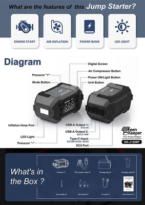 Πολυλειτουργία Car Booster Power Bank Jump Starter με συμπίεση αέρα και έξοδο USB