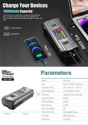 Εισαγωγή PD 65W Green Keeper UltraSafe High Discharge 3000A μπαταρία Jump Starter Για οχήματα Φορτηγό αυτοκίνητο