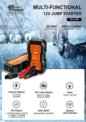 QC 18W εισροή GreenKeeper UltraSafe Super Condensator 2000A μπαταρία Jump Starter με φως LED